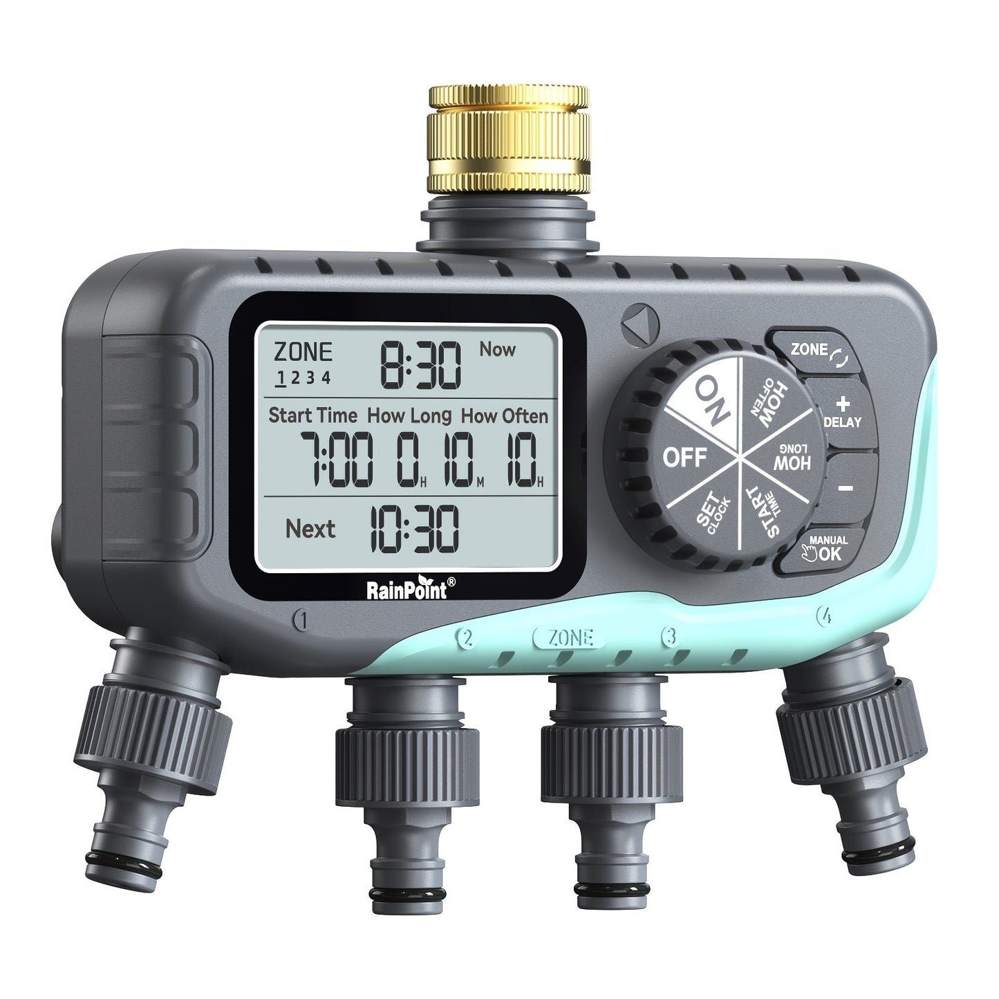 Garden Irrigation System 4-Zone, Automatic Watering Controller with Brass Head, Manual & Rain Delay Modes