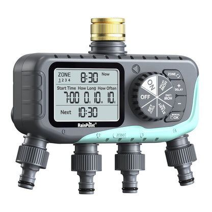 Garden Irrigation System 4-Zone, Automatic Watering Controller with Brass Head, Manual & Rain Delay Modes