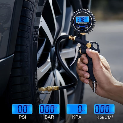 Digital Tire Pressure Gauge 200 PSI – LCD Backlit Display, 4-Unit Readings & 3 Connectors | Portable Inflator Gauge for Car, Truck