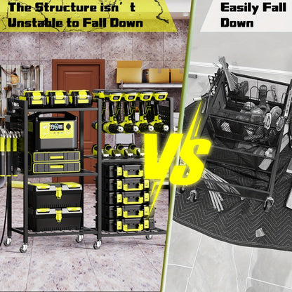 Mobile Tool Cart with Charging Station, 12 Drill Holders & 5 Storage Shelves Power Tool Organizer