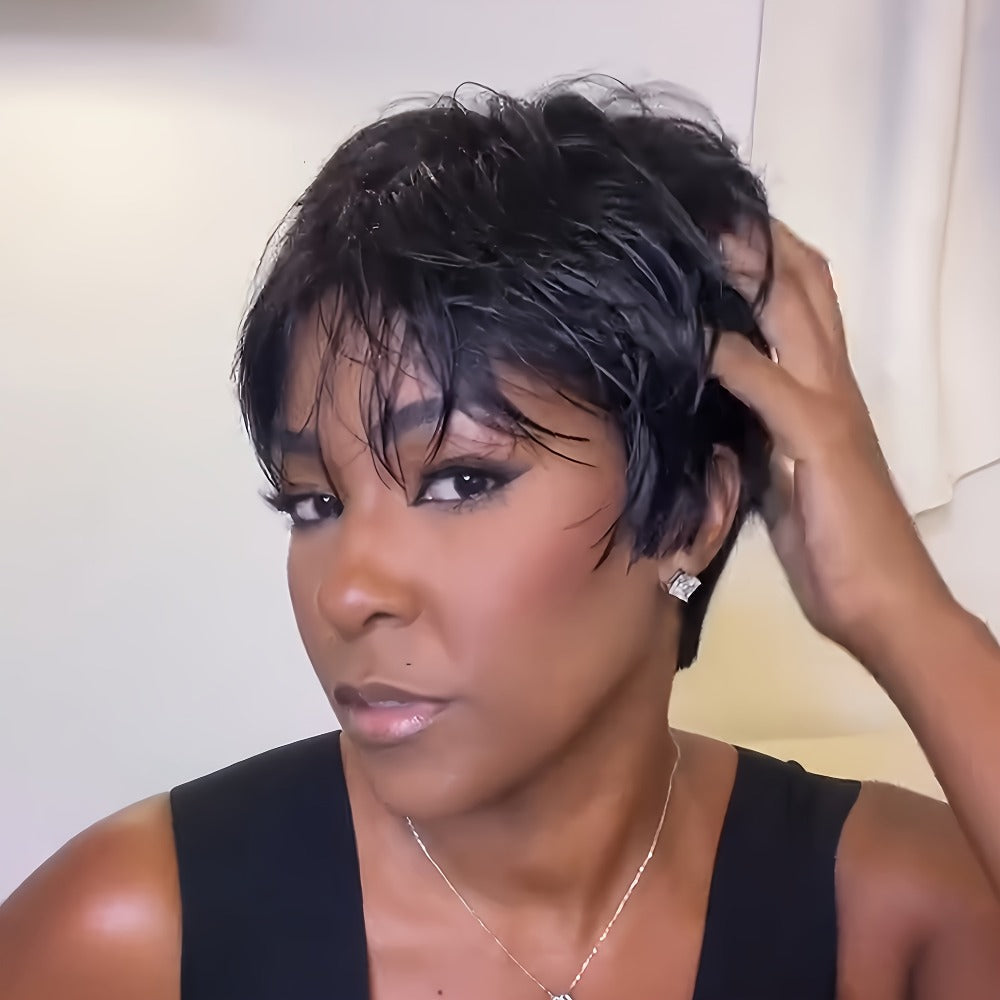 Layered Pixie-Cut Human Hair Wig with Bangs, Full Black Cap and Short 6-Inch Layered Hair Style
