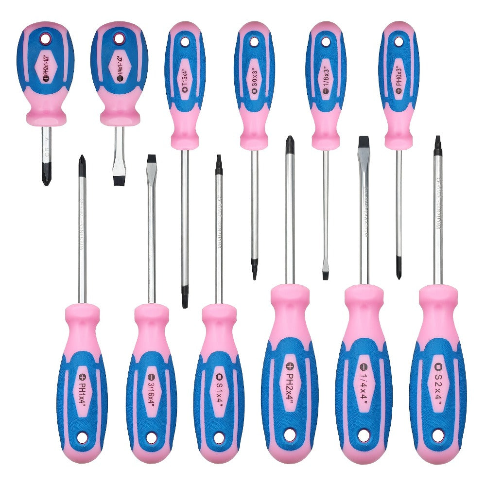 Pink 12-Piece Screwdriver Set with Slotted, Phillips and Torx Drivers in Model YW073 Configuration