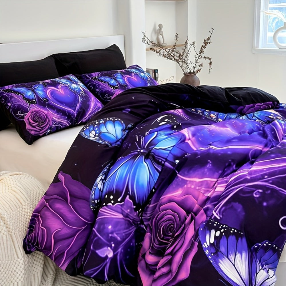 3-Piece Duvet Cover Set with Purple Butterfly, Rose and Heart Print, Zipper Closure and Four Sizes