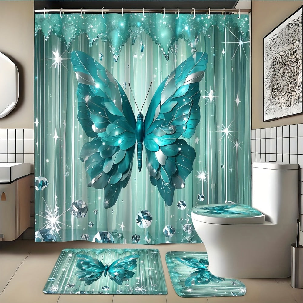 Butterfly-Print Shower Curtain with Four Colors and Single-Curtain or Four-Piece Bathroom Set Options