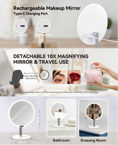 Makeup Mirror Round LED Desktop Stand with Detachable 10X Suction Mirror, Three Light Colors, Touch Dimming and USB Power