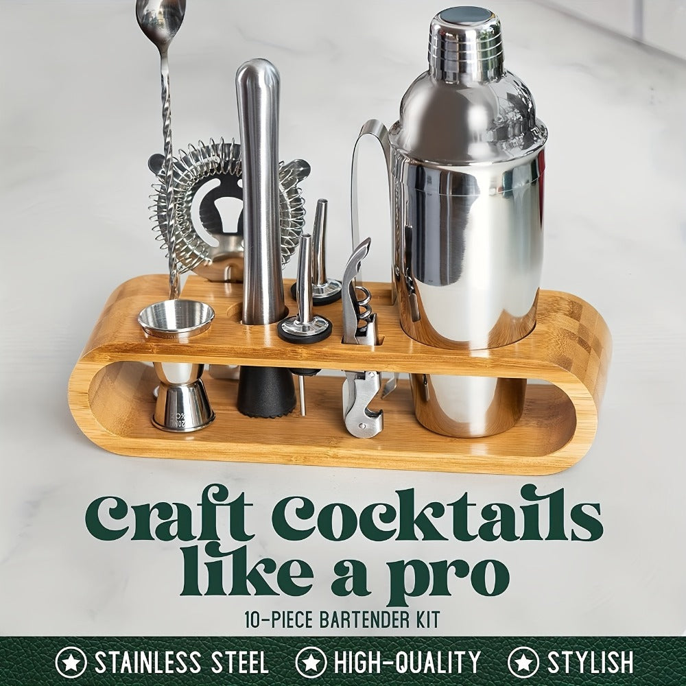 Bartender Set 10-Piece Stainless Steel Cocktail Shaker Bar Tool Kit with Bamboo Stand Home for Entryways, Bedrooms and Living Spaces