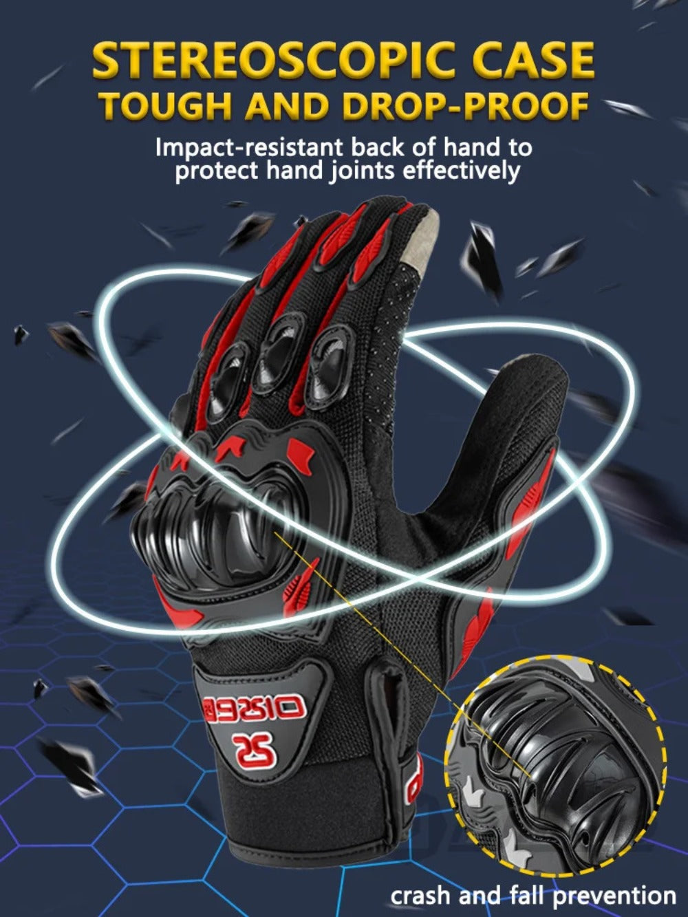 Full-Finger Motorcycle Gloves with Segmented Knuckle Shell, Wrist Tabs, Black or Red in M to XL