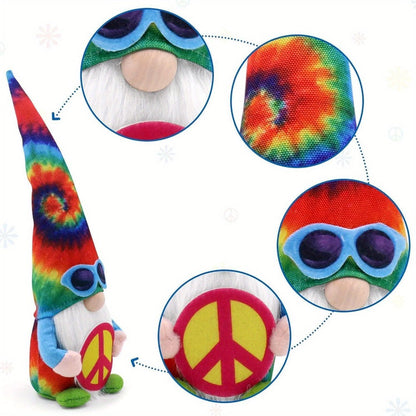 Hippie Gnomes Decorations 2 Pack – Groovy Tie Dye Tomte Figurines with Peace Sign & Fashion Glasses, 13.5" Swedish Gnome Shelf Sitters