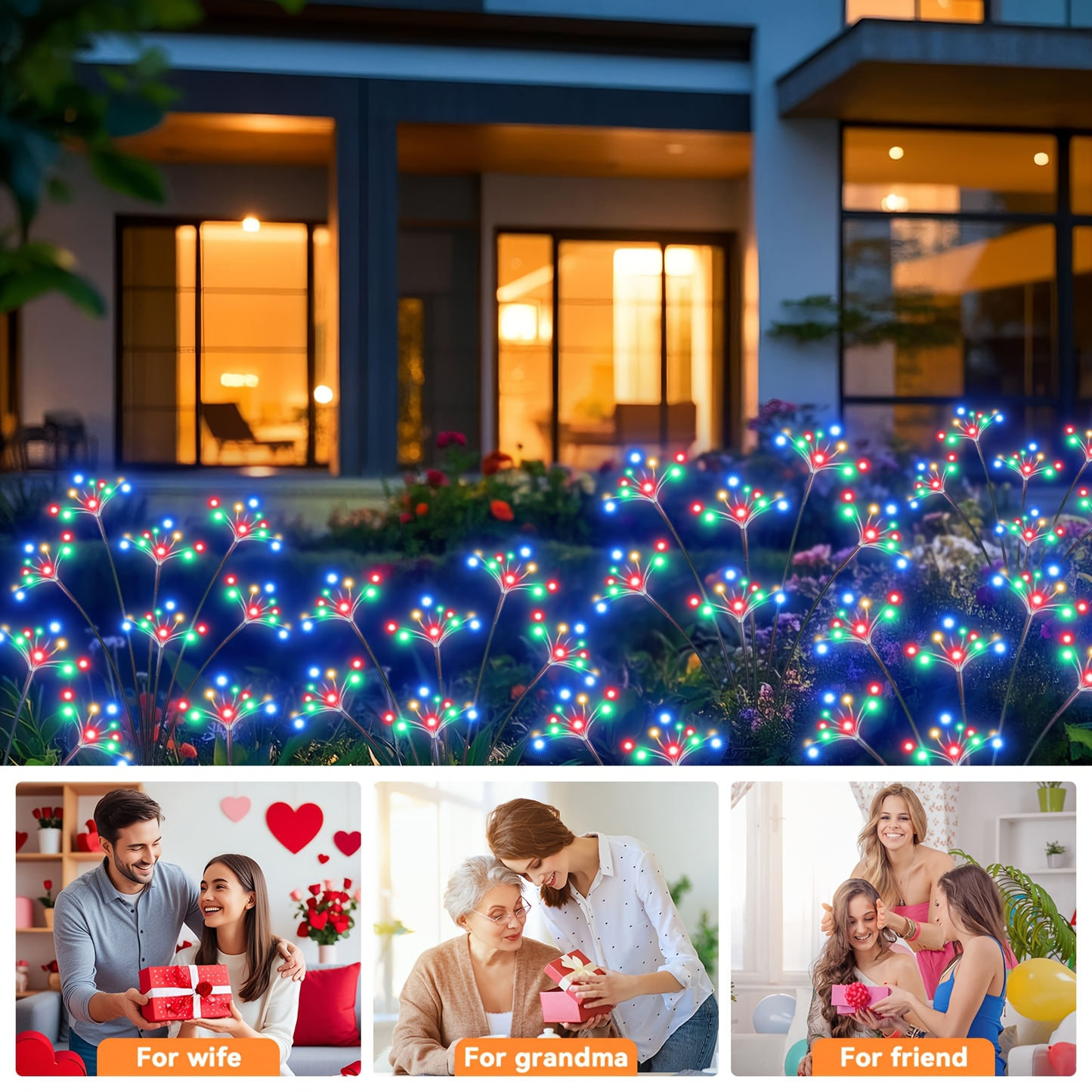 Solar Garden Lights 4-Pack Swaying Firework Stakes with Two Modes and Six Colors for Flowerbed Decor