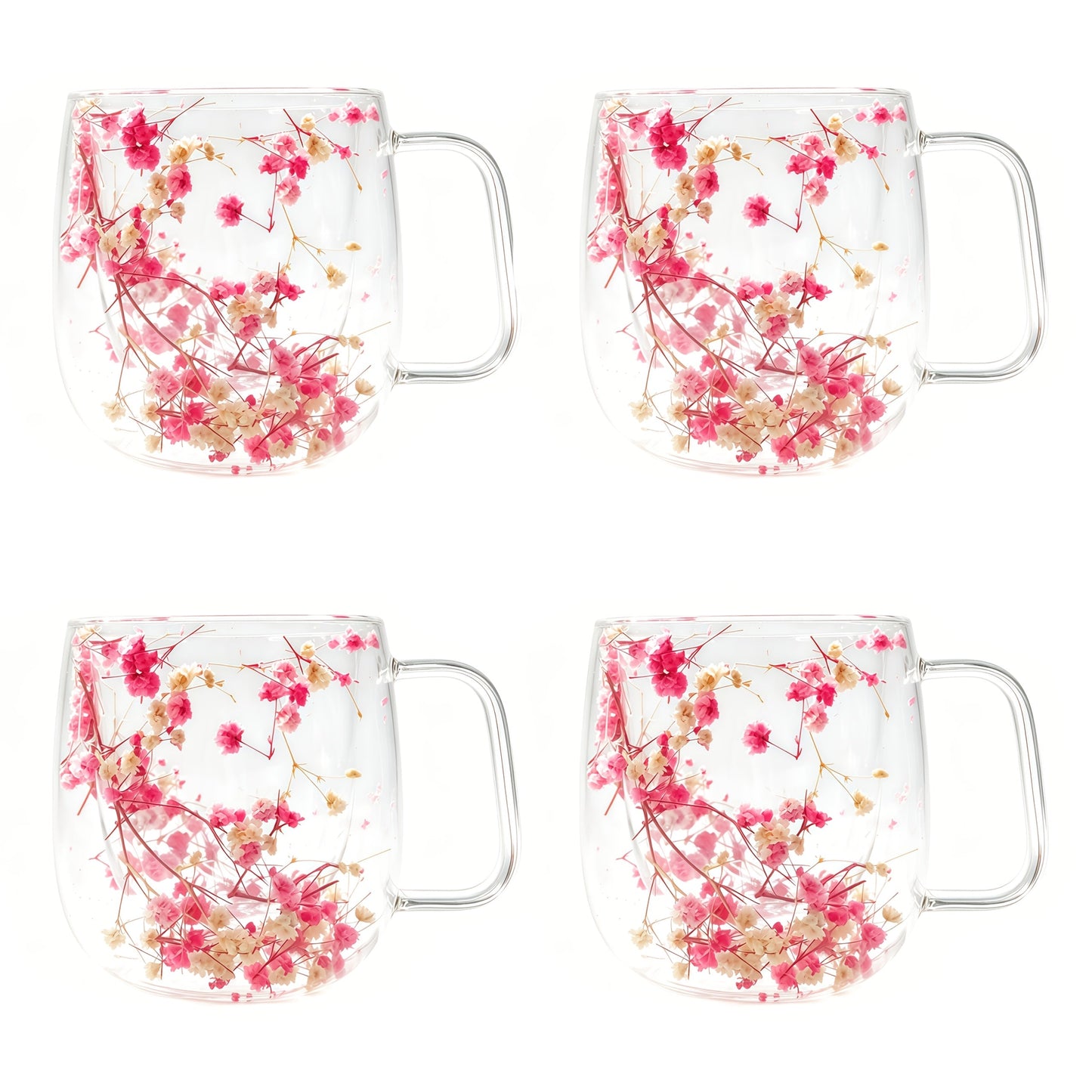 Double Wall Glass Coffee Cups with Handle Set of 4 – Borosilicate Thermal Mugs for Latte Cappuccino Tea | Dried Flower & Petal Design