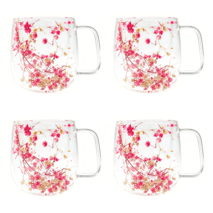 Double Wall Glass Coffee Cups with Handle Set of 4 – Borosilicate Thermal Mugs for Latte Cappuccino Tea | Dried Flower & Petal Design
