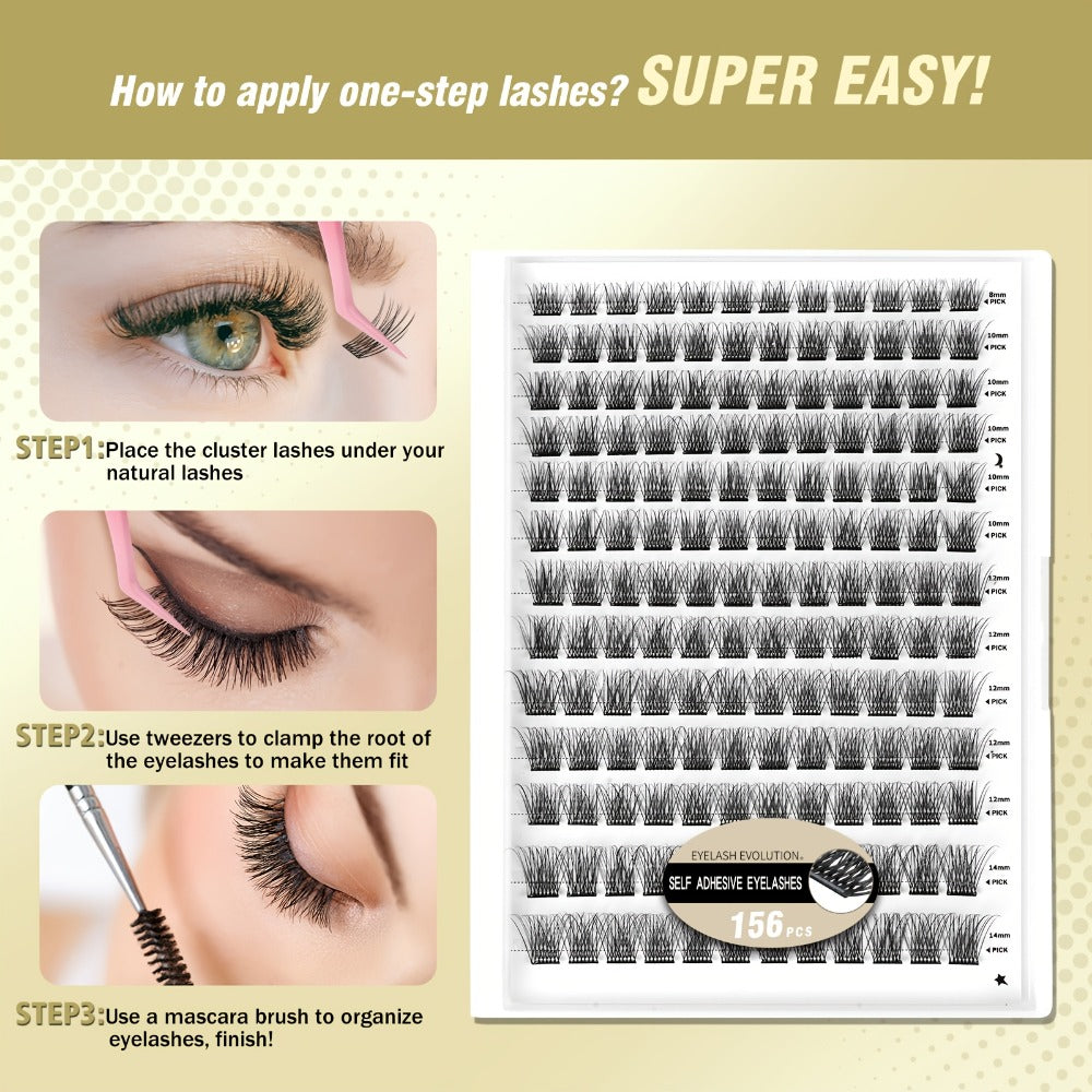 156-Piece Self-Adhesive Lash Cluster Tray with Yellow and Pink Tweezers in NATURAL Style and 14.5cm Case