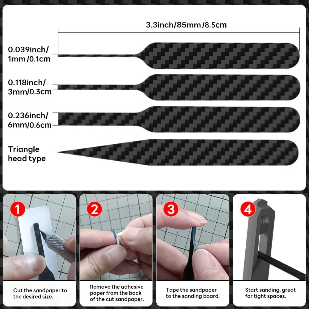 Carbon Fiber Sanding Sticks Set of 7, Hobby Model Sanding Tools with 4 Detail Polishing Boards, 3 Sizes 3"x0.6" 3"x0.4" 3"x0.2" for Scale