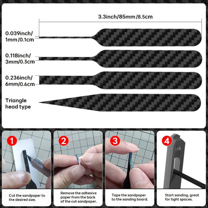 Carbon Fiber Sanding Sticks Set of 7, Hobby Model Sanding Tools with 4 Detail Polishing Boards, 3 Sizes 3"x0.6" 3"x0.4" 3"x0.2" for Scale