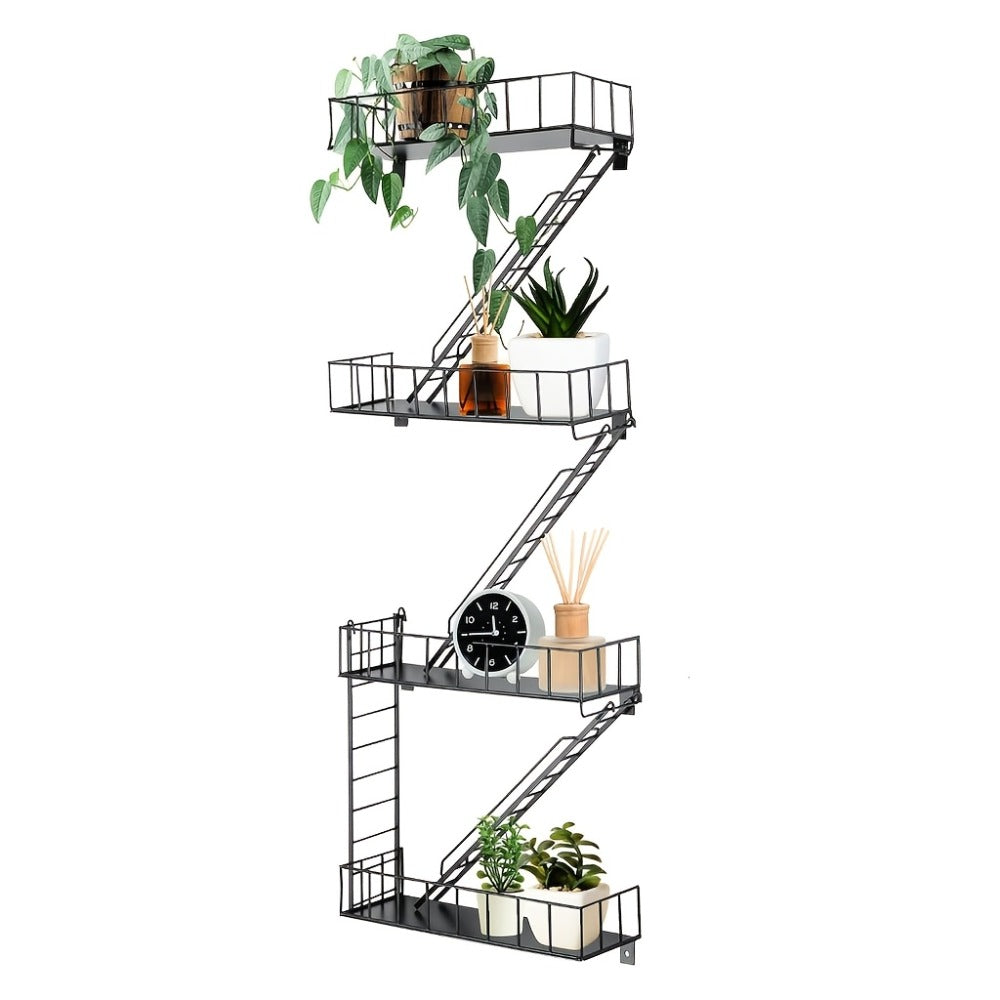 Staircase Wall Shelf with Three- or Four-Level Structures across Four Wrought-Iron Checkout Options