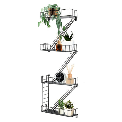 Staircase Wall Shelf with Three- or Four-Level Structures across Four Wrought-Iron Checkout Options