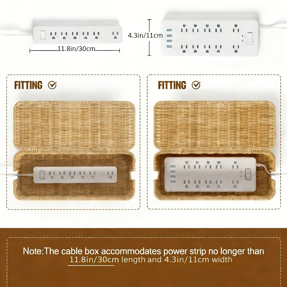 Rattan Cable Management Box with Lid Woven Cord Organizer – Stylish Power Strip Cover Wire Hider for Home Office Living Room Desk Bedroom