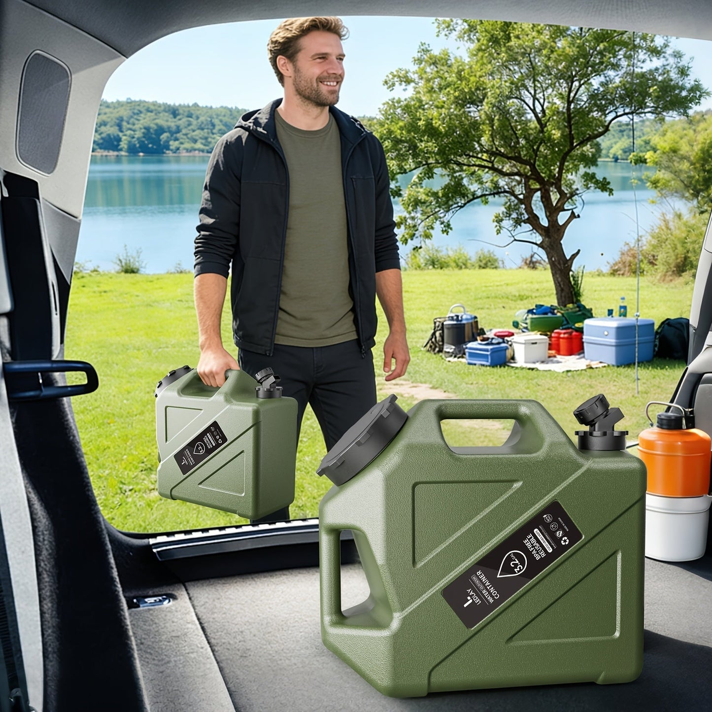 Collapsible Camping Water Storage Bucket 3.2 Gal Portable Water Tank with Faucet Dispenser Army Green Outdoor Emergency Water Container