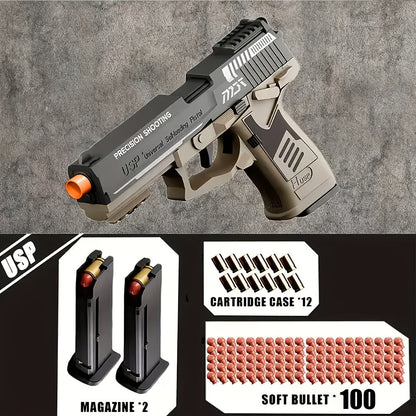 Bullet Toy Gun Pistol with Ejecting Shells & 100 Bullets, Semi- Rapid Fire Foam Blaster for Kids Boys Ages 6+