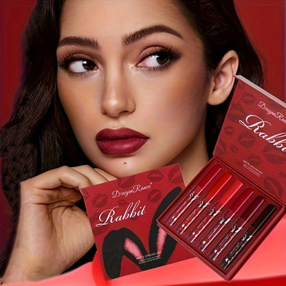 Red Lip Glaze Gift Set 6pcs in Elegant Box, Smudge-Proof Glazed Finish, Smooth Paste Formula