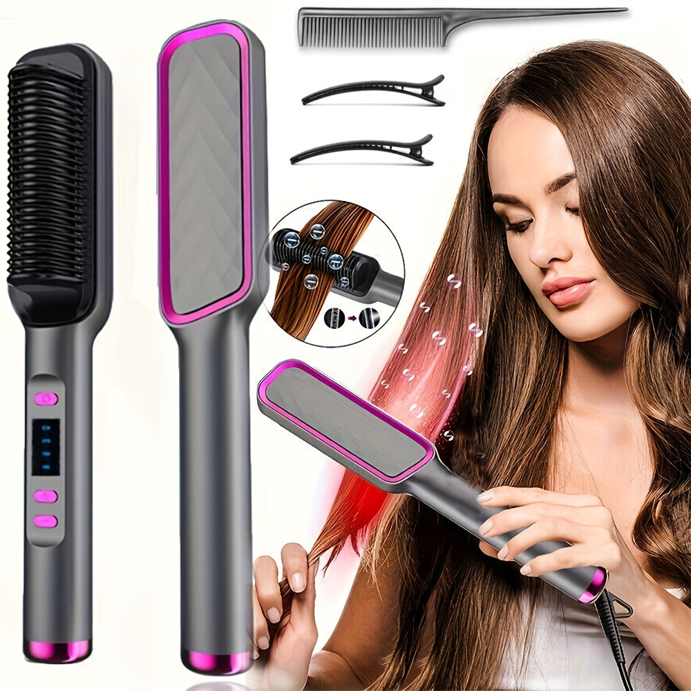 Four-Color Electric Hair Straightener Brush with Digital Display, Temperature Buttons and 10.6-Inch Body
