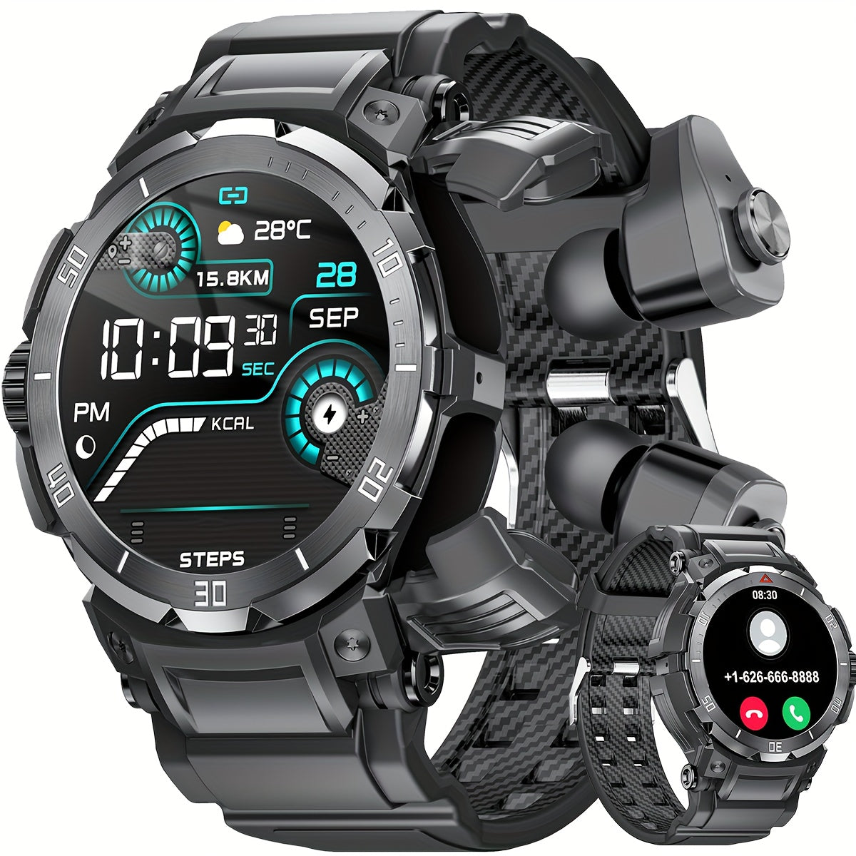Smartwatch 2-in-1 with Built-In Earphones, 1.46 Inch IPS Touchscreen and 100 Sport Modes with Extra Strap