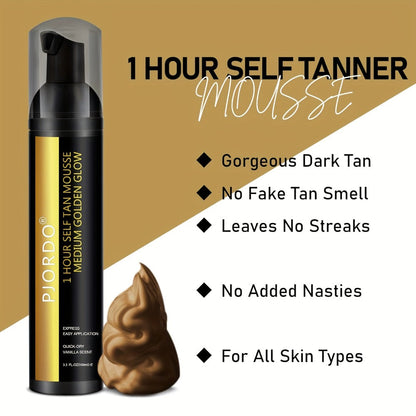 Sunless Tanning Mousse Kit 6-Piece Set with Mitt Applicator – Self Tanner Foam 1 Hour Fast Tan No Fake Smell