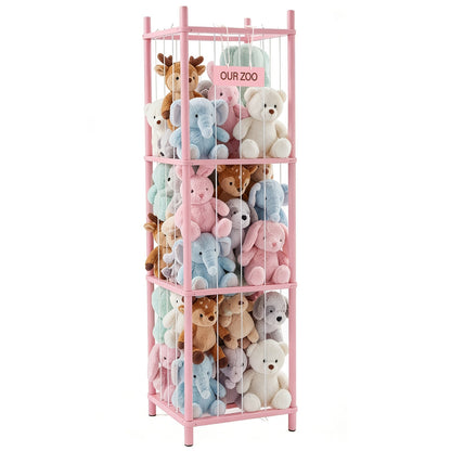 Four-Tier Stuffed Animal Storage Organizer with Rectangular Open Frame in Natural, White or Pink