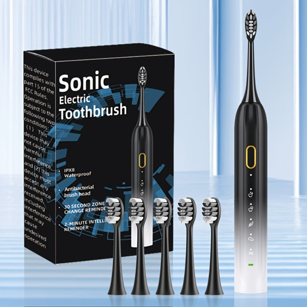 Sonic Electric Toothbrush IPX8 Waterproof USB Rechargeable with 5 Replacement Brush Heads, Smart Timer, Metal Shaft