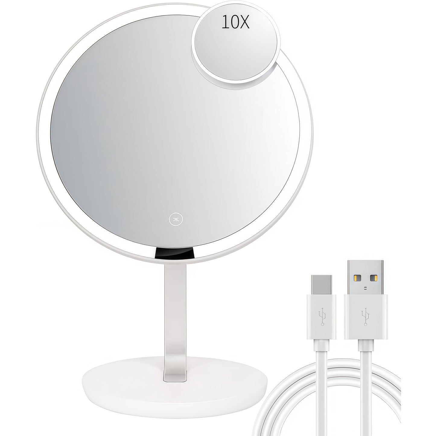 Makeup Mirror Round LED Desktop Stand with Detachable 10X Suction Mirror, Three Light Colors, Touch Dimming and USB Power