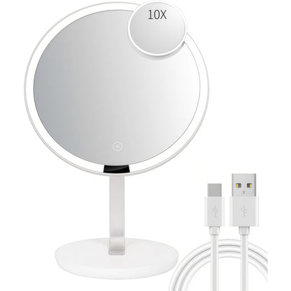 Makeup Mirror Round LED Desktop Stand with Detachable 10X Suction Mirror, Three Light Colors, Touch Dimming and USB Power