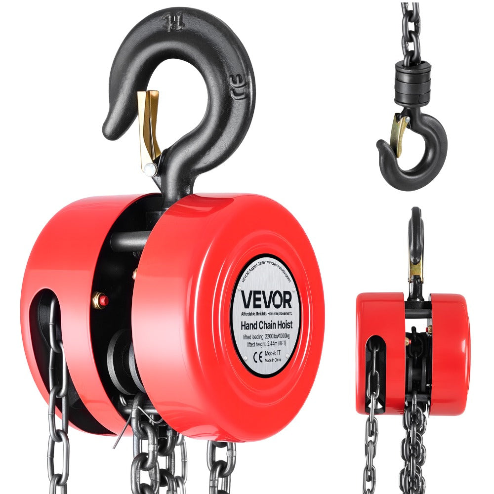 Hand Chain Hoist / Manual Chain Block with G70 Chain, 8 ft / 10 ft / 20 ft Lift Height, 360° Rotating Hooks