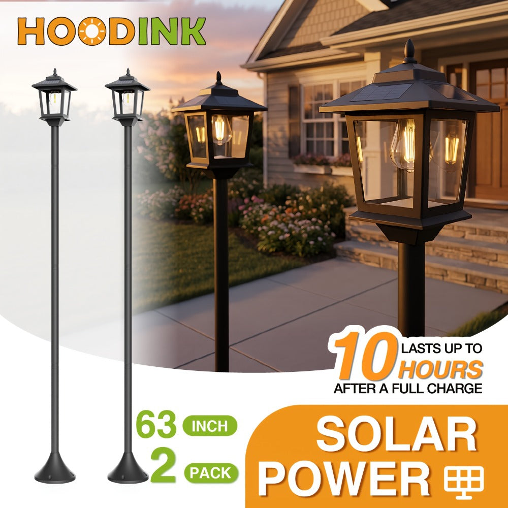 Solar Garden Light HOODINK Black Lamp Post 2-Pack with Solar Panel, Automatic Light Sensor and Freestanding Pole Installation