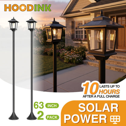 Solar Garden Light HOODINK Black Lamp Post 2-Pack with Solar Panel, Automatic Light Sensor and Freestanding Pole Installation