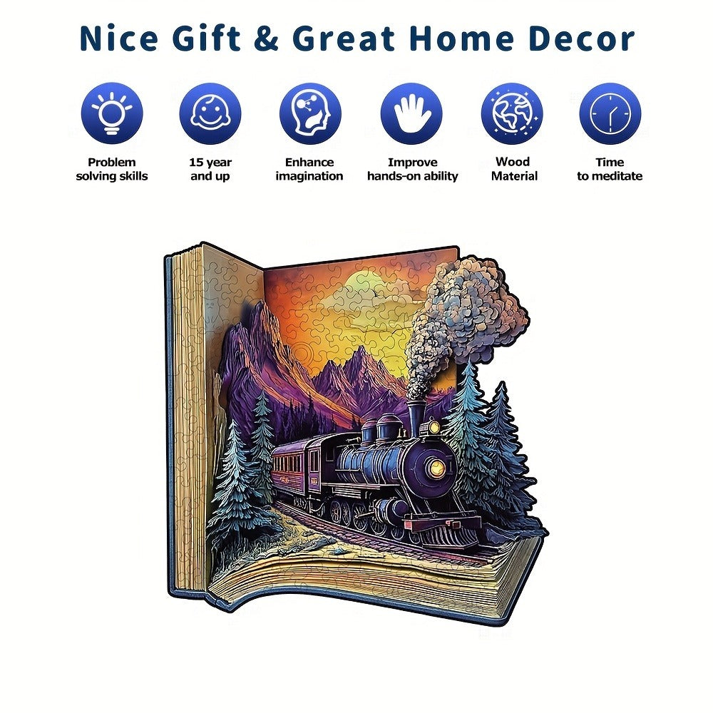 Galloping Train Wooden Jigsaw Puzzle with Book-Style Scene and 5.7 or 11.2 Inch Size Options
