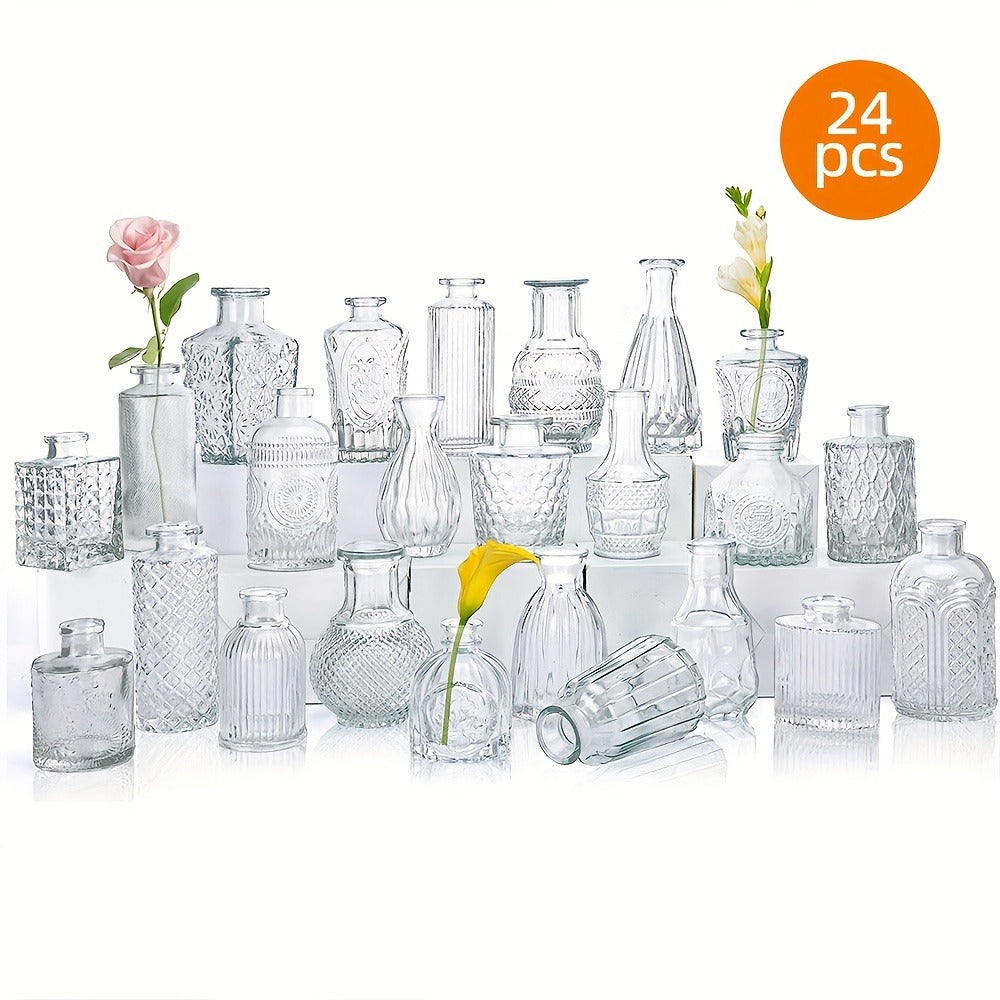Assorted Clear Glass Bud Vase Set with 12, 24 or 64 Mixed Shapes for Flowers and Table Centerpieces