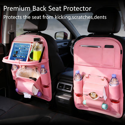 One-Piece Seatback Car Organizer with Fold-Down Tray, Cup Recesses, Mesh Pockets and Four Colors
