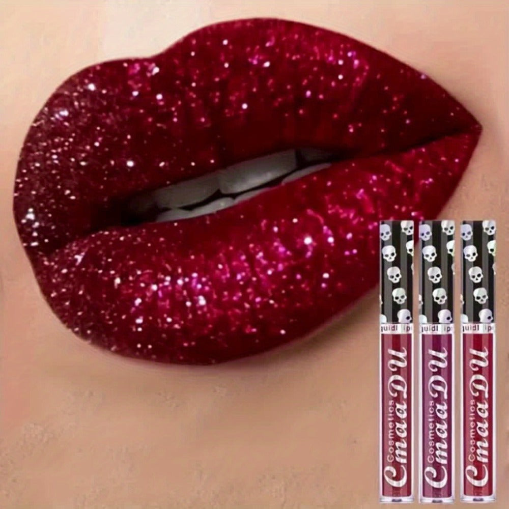 Glitter Lip Gloss Set 3pcs Skull Design Shimmer Liquid Lipstick Long Lasting Easy Remove Bold Shiny Lip Color for Music Festival Rave Party