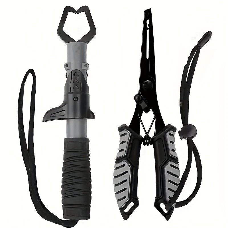 Fishing Pliers Fish Gripper Combo Set 2pcs Stainless Steel Hook Remover Line Cutter with TPR Non-Slip Handle Spring-Loaded Lock