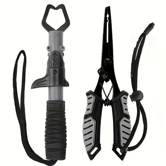 Fishing Pliers Fish Gripper Combo Set 2pcs Stainless Steel Hook Remover Line Cutter with TPR Non-Slip Handle Spring-Loaded Lock