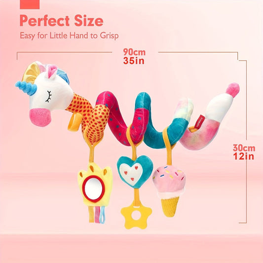 Baby Car Seat Toys 0-6 Months, Unicorn Rattle Mirror Crinkle Squeaky Stroller Toy Set for Infant Girls