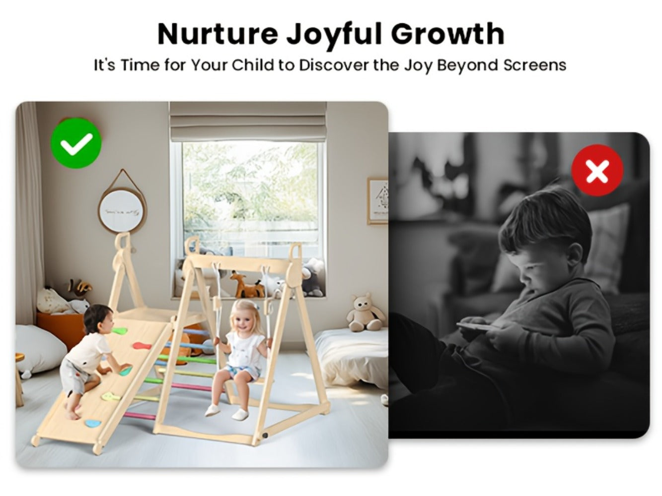 Foldable Indoor Wooden Jungle Gym for Toddlers, 4-in-1 Climbing Frame with Swing, Slide & Ladder