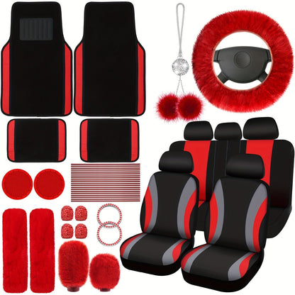 Car Seat Covers Fluffy Full-Cabin Accessory Set with Seat, Steering Wheel, Floor Mat and Belt Pieces