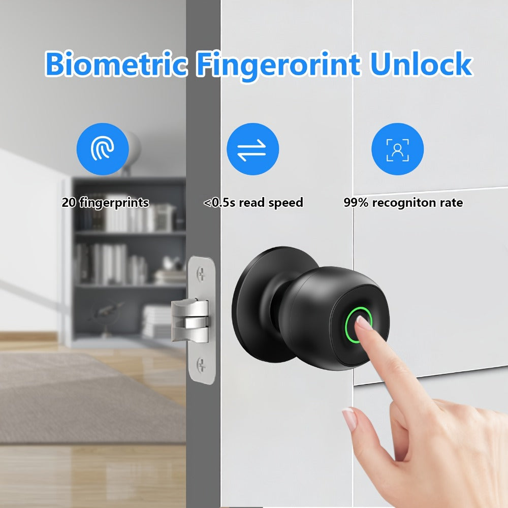 Smart Door Lock Tuya Smart Life Round Knob with Fingerprint App and Mechanical Key Access in Black
