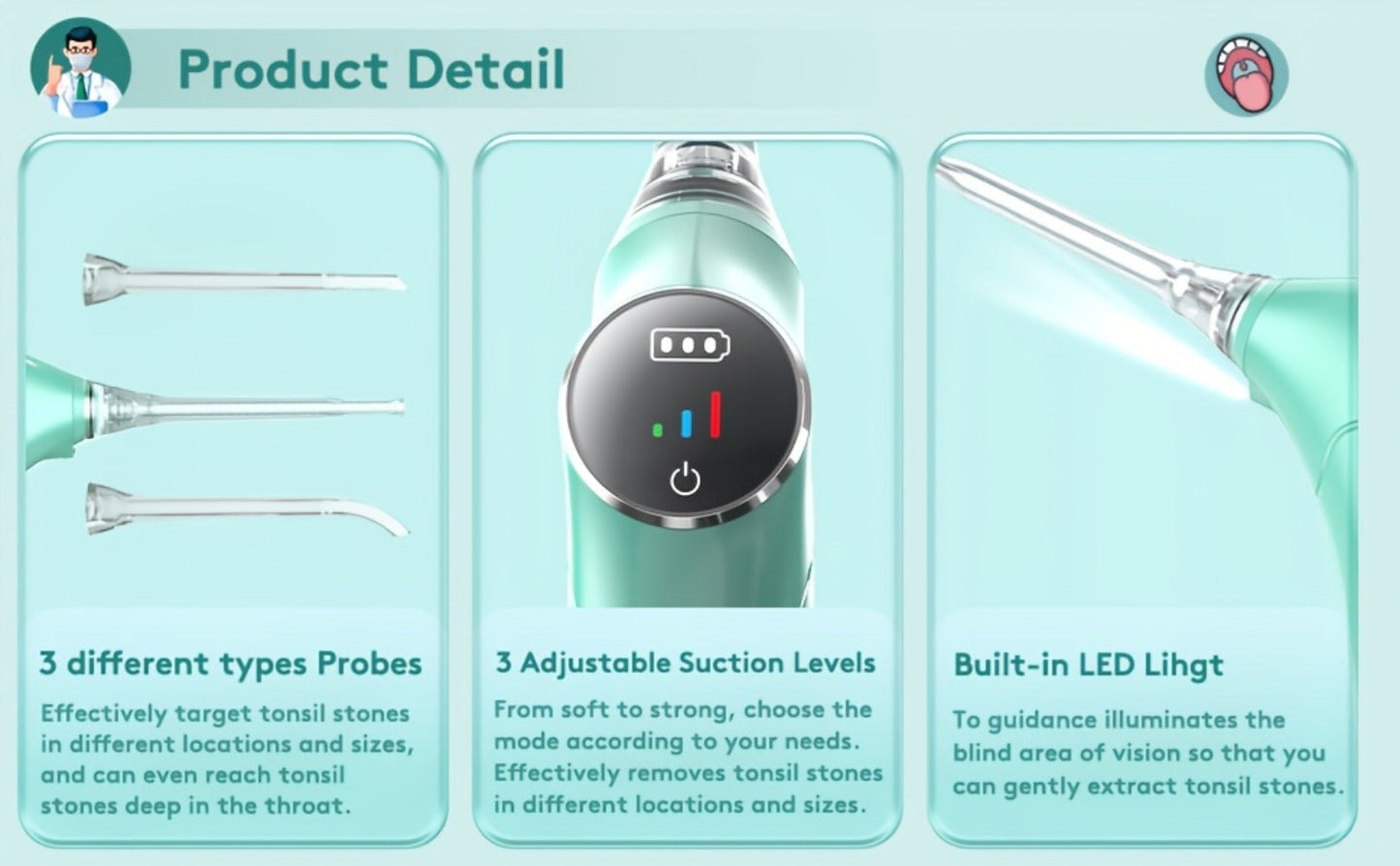 Tonsil Stone Remover Electric Vacuum Kit, Built-In LED Light, 3 Suction Modes & 5X Magnifying Mirror, Oral