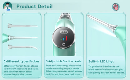 Tonsil Stone Remover Electric Vacuum Kit, Built-In LED Light, 3 Suction Modes & 5X Magnifying Mirror, Oral