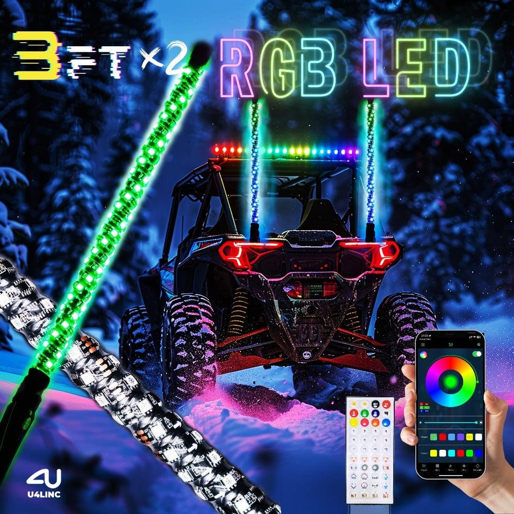 RGB LED Whip Lights for UTV ATV – 1ft/2ft/3ft/4ft Spiral Color Changing Neon Light Whips with Remote & App Control, Music Sync