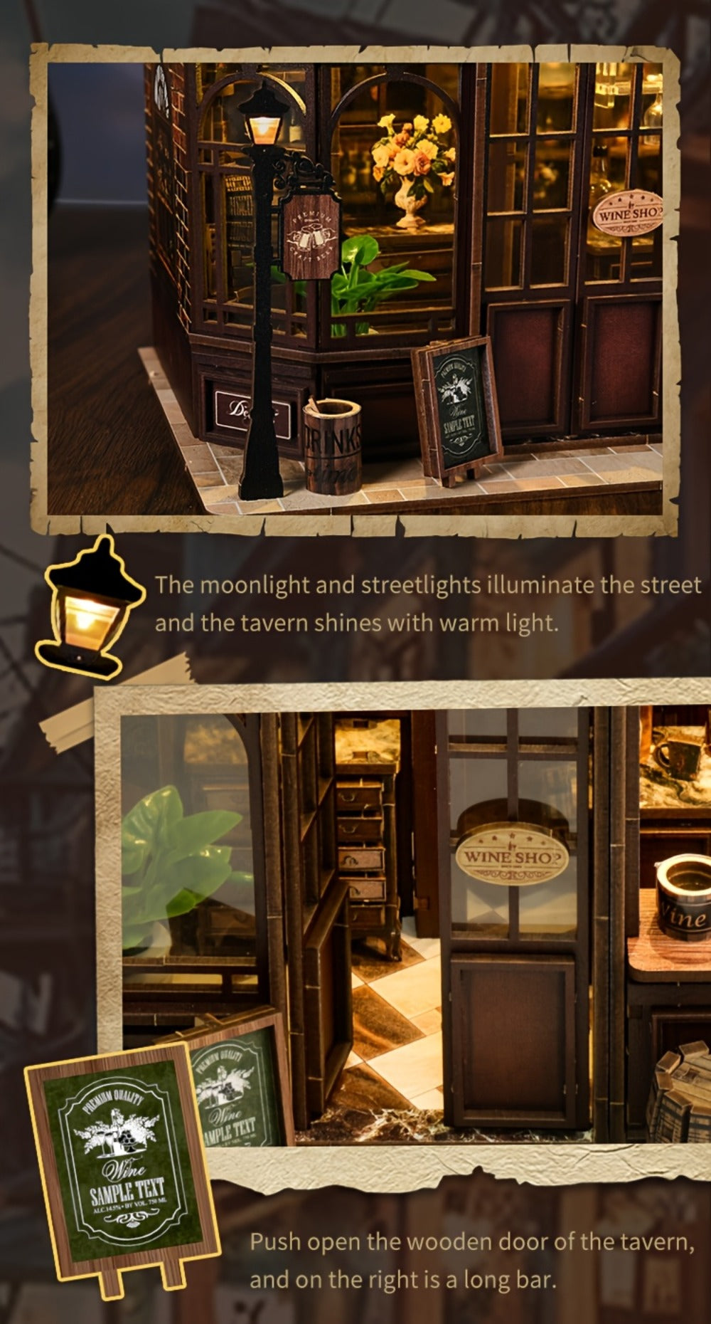 Corner Lounge Book Nook Kit with 327-Piece Tavern Storefront Scene, Illuminated Interior and Touch Switch