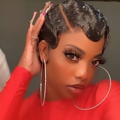 4-Inch Finger Wave Pixie Human Hair Wig with 180% Density, Rose Net Cap and 1B or 613 Color