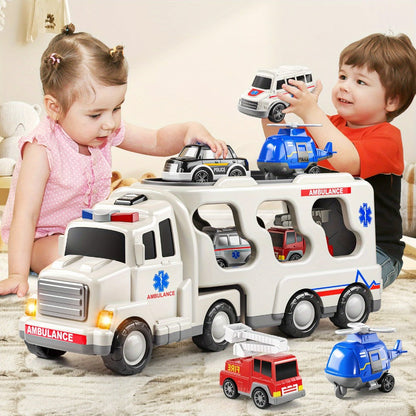 Ambulance Truck Toy 5-in-1 Carrier Set with Lights & Sounds, Friction Power Emergency Vehicle Playset for Kids Boys Ages 3+
